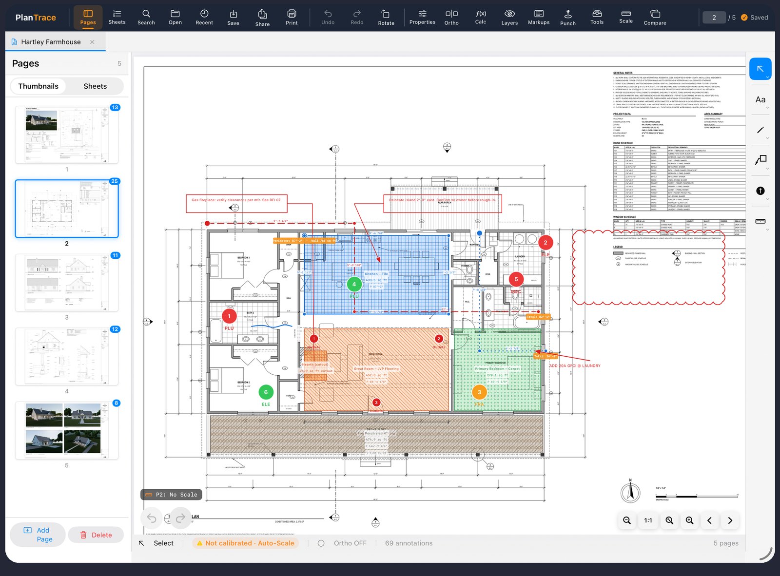 PlanTrace on iPad with a floor plan marked up with clouds, callouts, hatched areas and punch pins