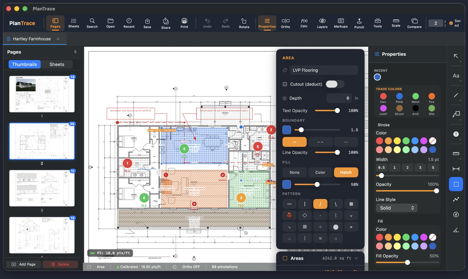 PlanTrace on Mac showing an area takeoff with the properties panel open