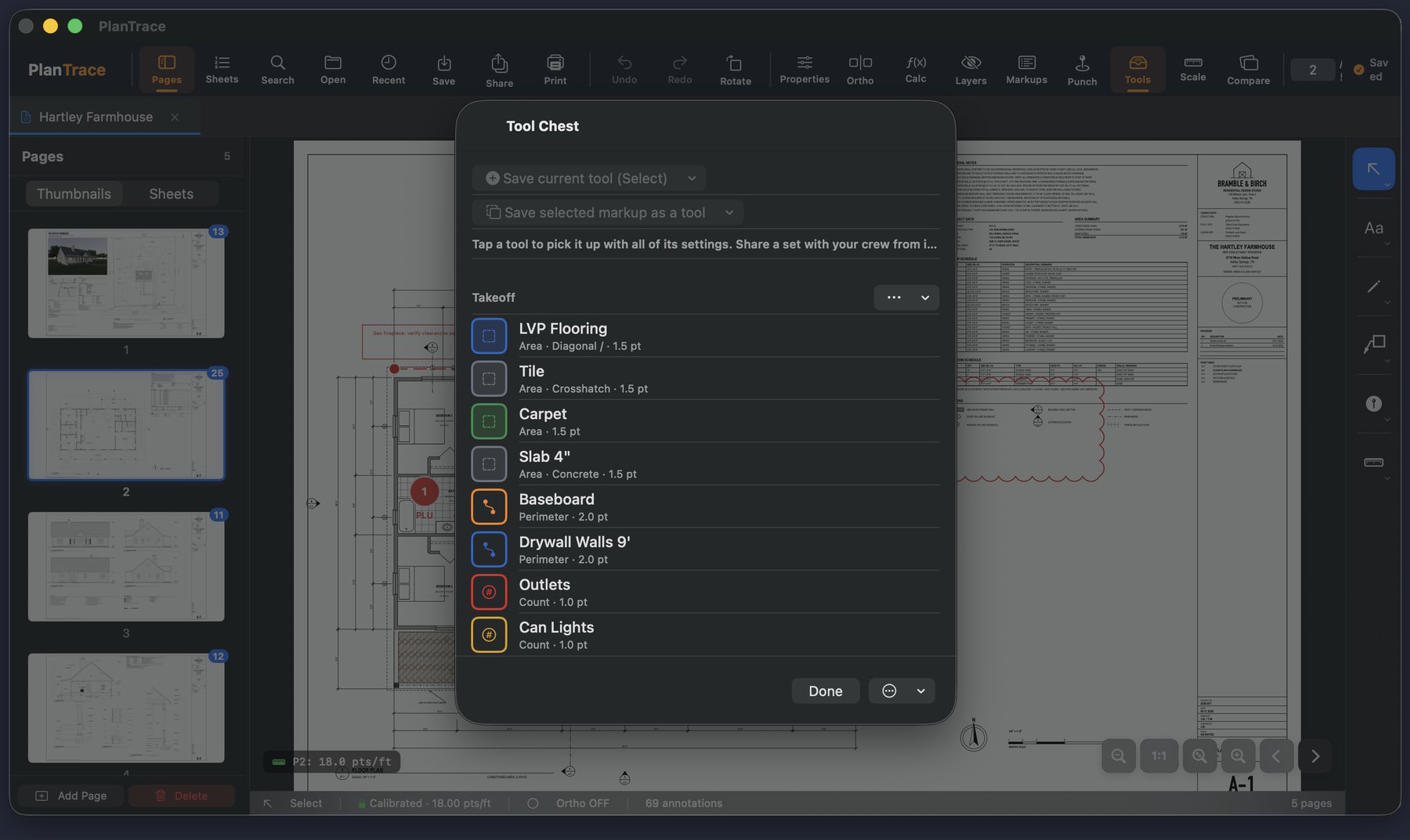 Tool Chest panel on Mac with saved tool sets